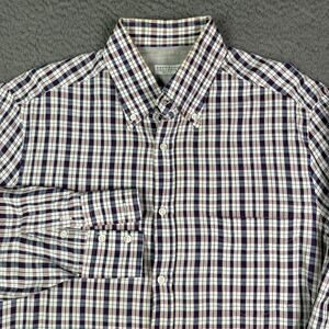 Brunello Cucinelli Button Shirt Mens M Purple Plaid Linen Blend Italy Dress